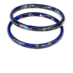 Set Of 2 Vintage Enamel Cloisonné Floral Bangles In Deep Blue With Colorful Acce